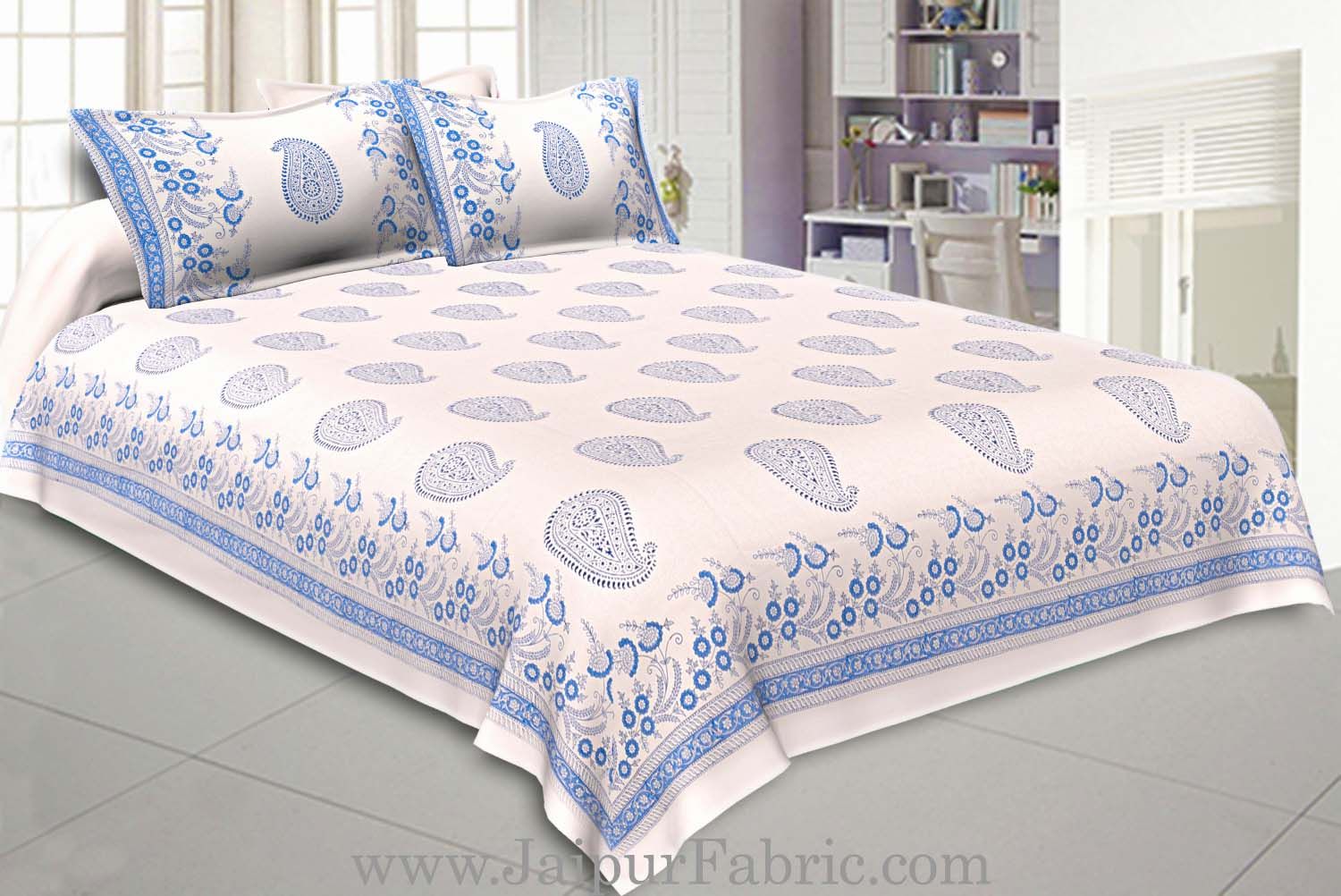 Double Bed Sheet White Base With Kadi Print Blue Rajasthani Buta Hand Block Print Super Fine  Cotton