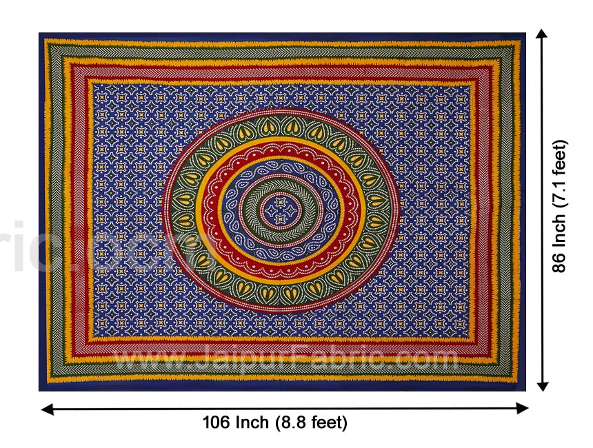 Blue Border Bandhej and Rangoli Print Cotton Double Bed Sheet With Two Pillow Cover