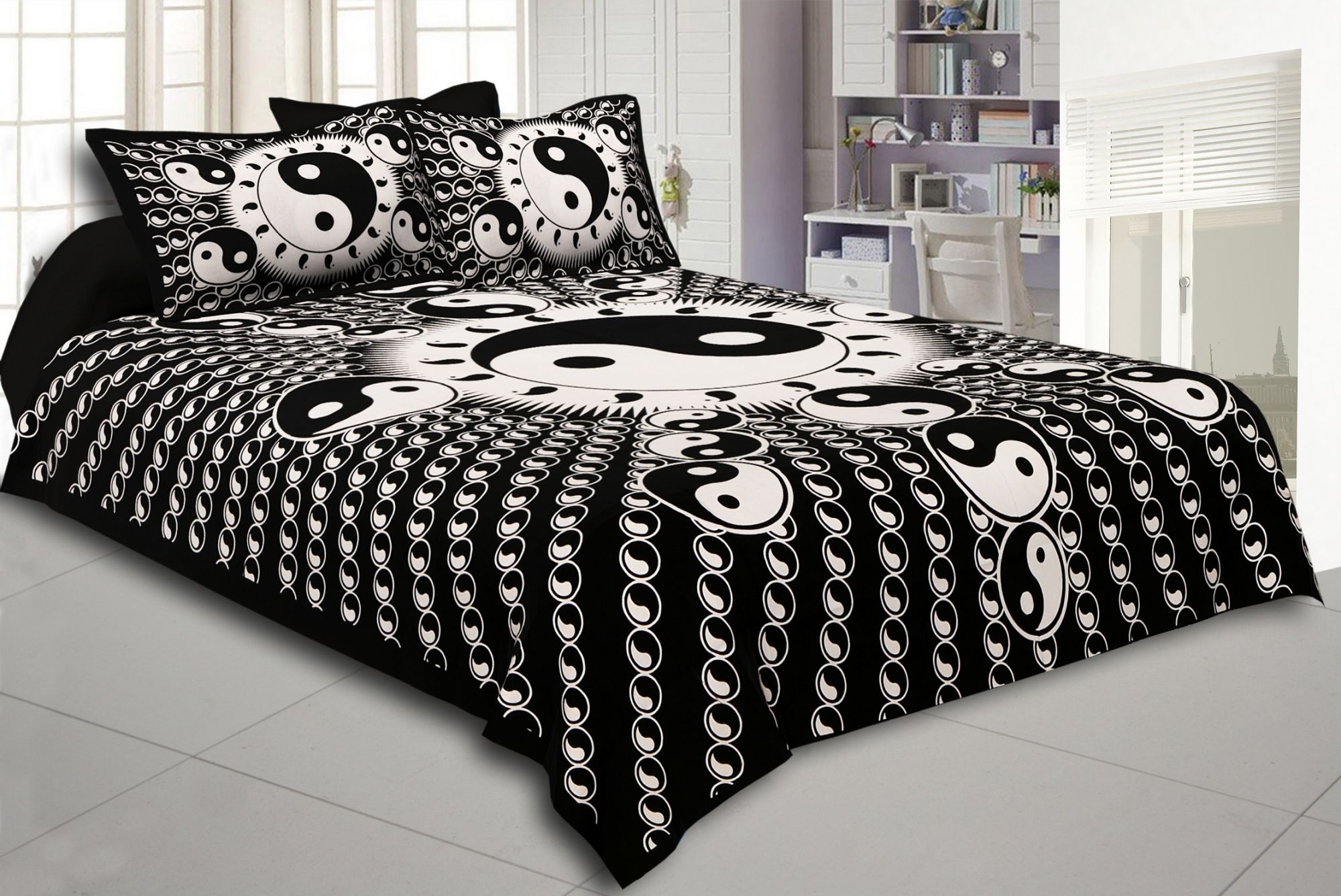 Black  Border Black  Base Doordarshan  Print Fine Cotton Double Bedsheet  With Pillow Cover