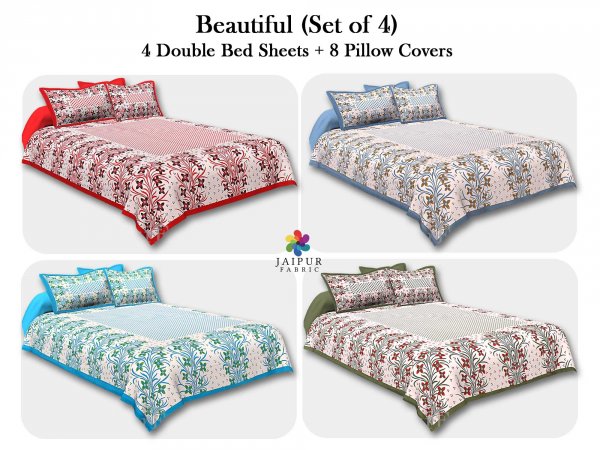 COMBO103 Beautiful Multicolor 4 Bedsheet + 8 Pillow Cover