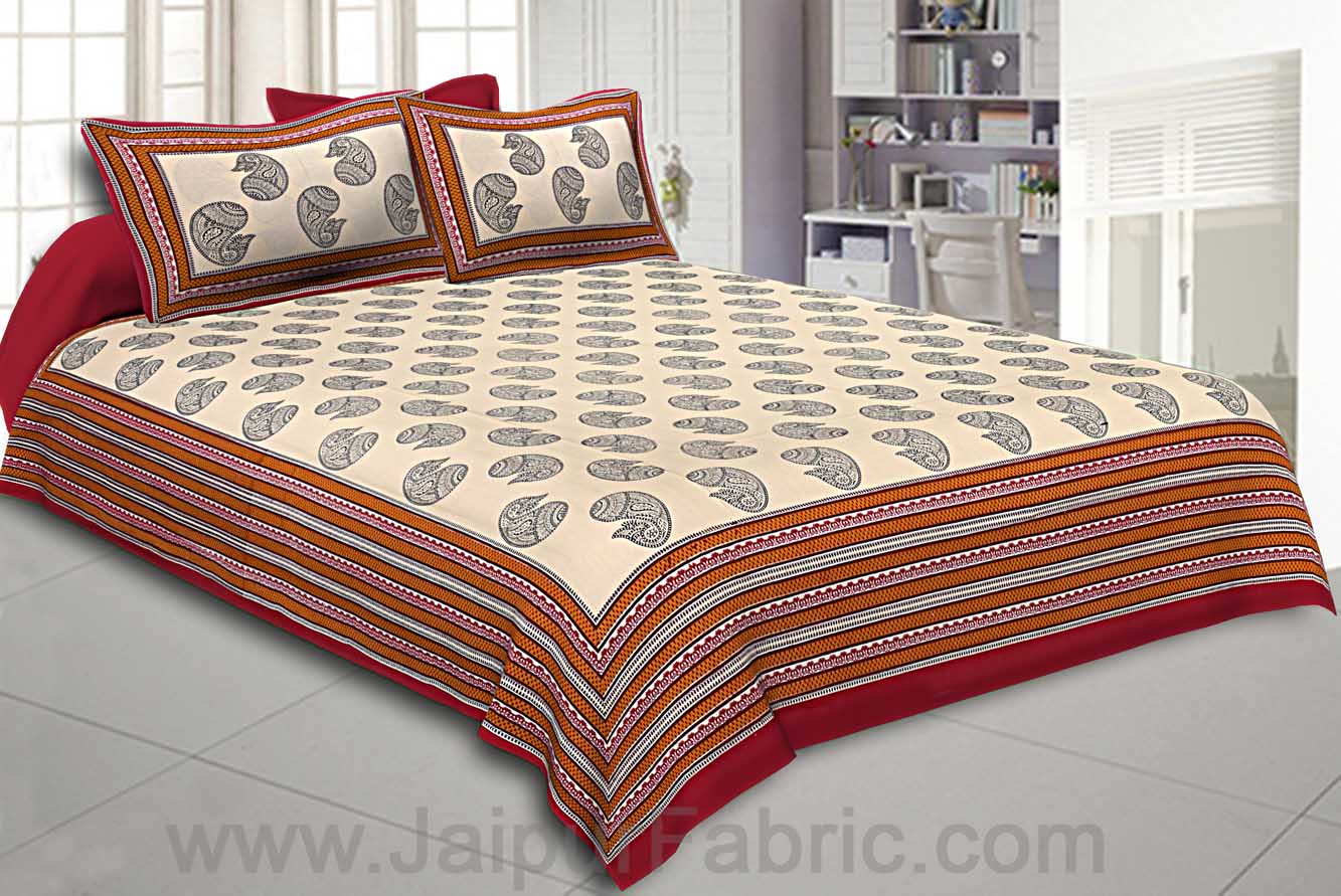 Double Bedsheet Big Boota  Print Red Border Fine Cotton