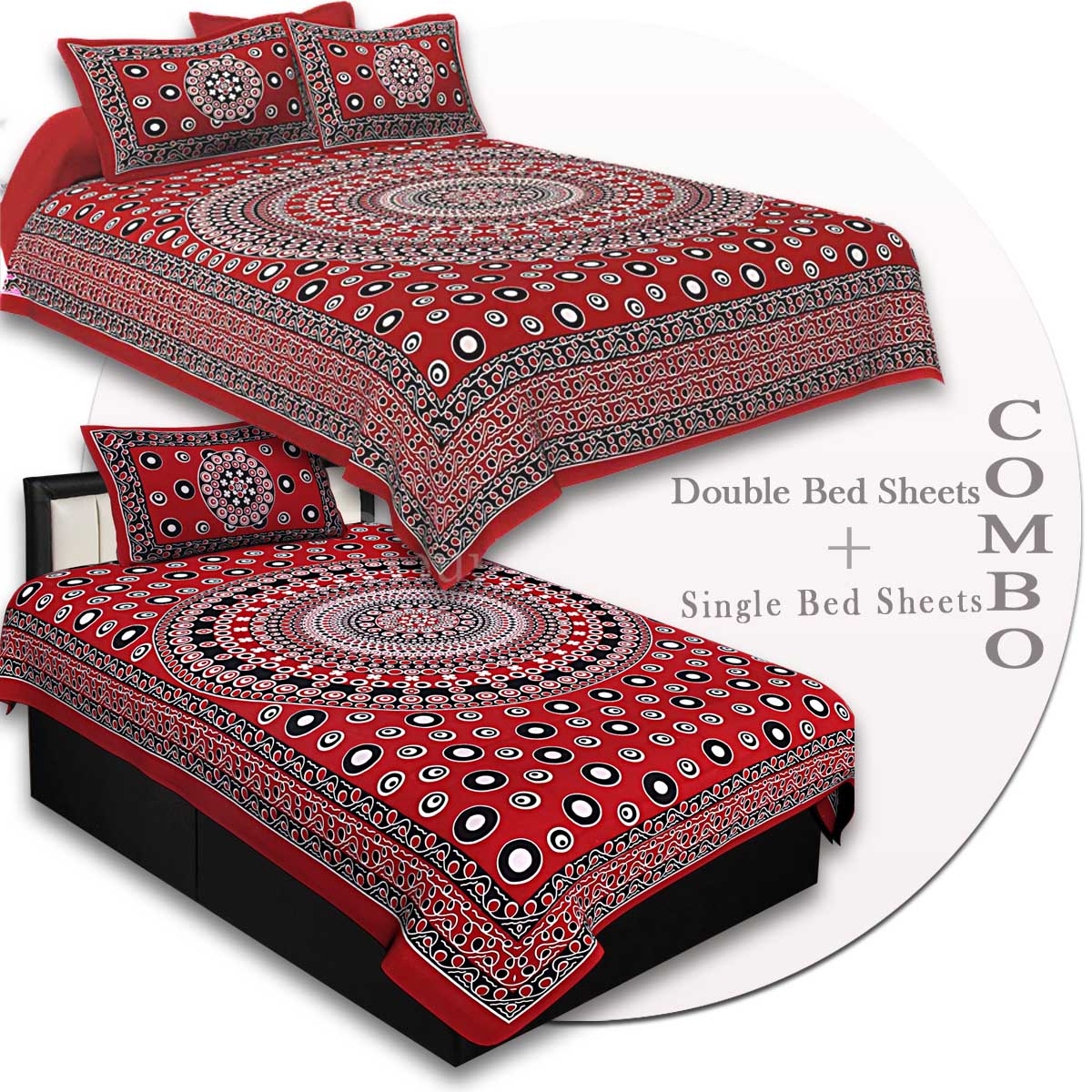 COMBO83- Set of 1 Double Bedsheet and  1 Single Bedsheet With  2+1 Pillow Cover