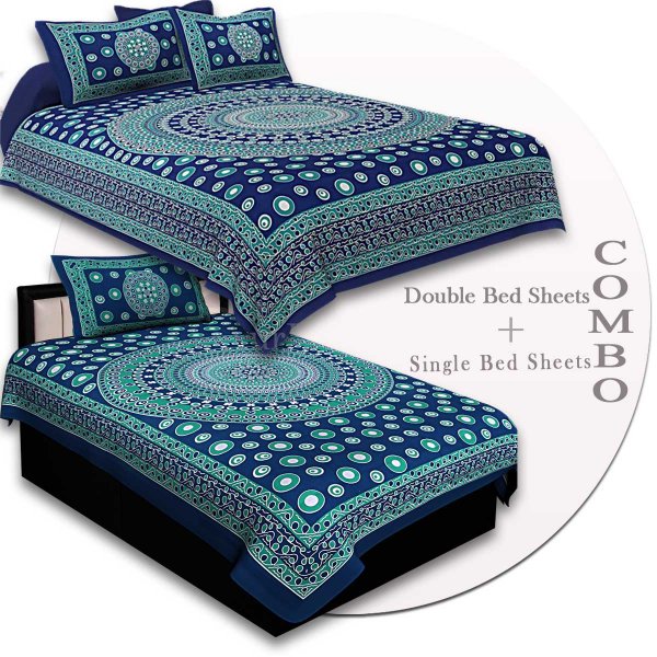 COMBO84- Set of 1 Double Bedsheet and  1 Single Bedsheet With  2+1 Pillow Cover