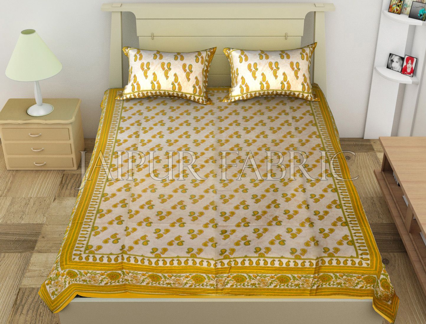 Yellow Anthemion Pattern Cotton Single Bed Sheet