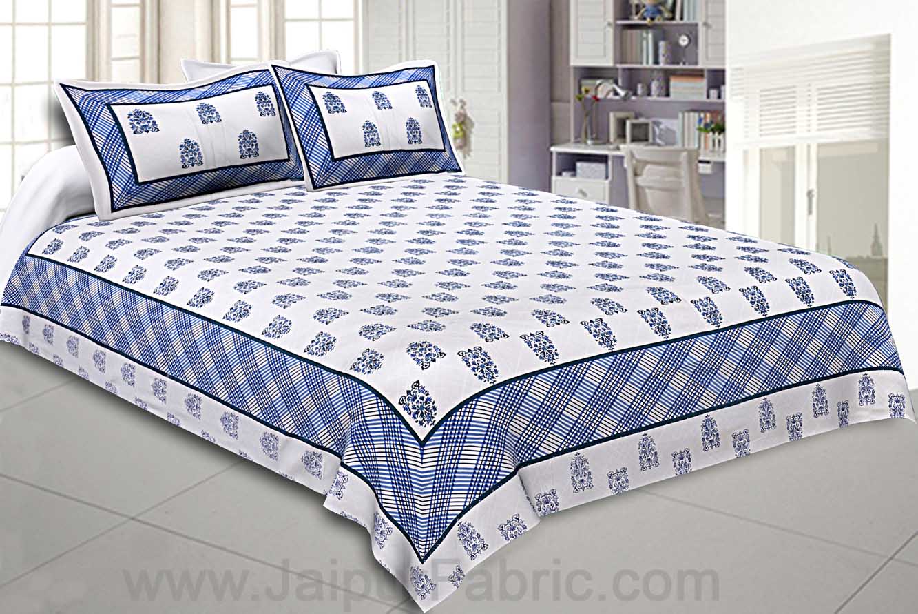 Double bedsheet White Blue Hand Block Print