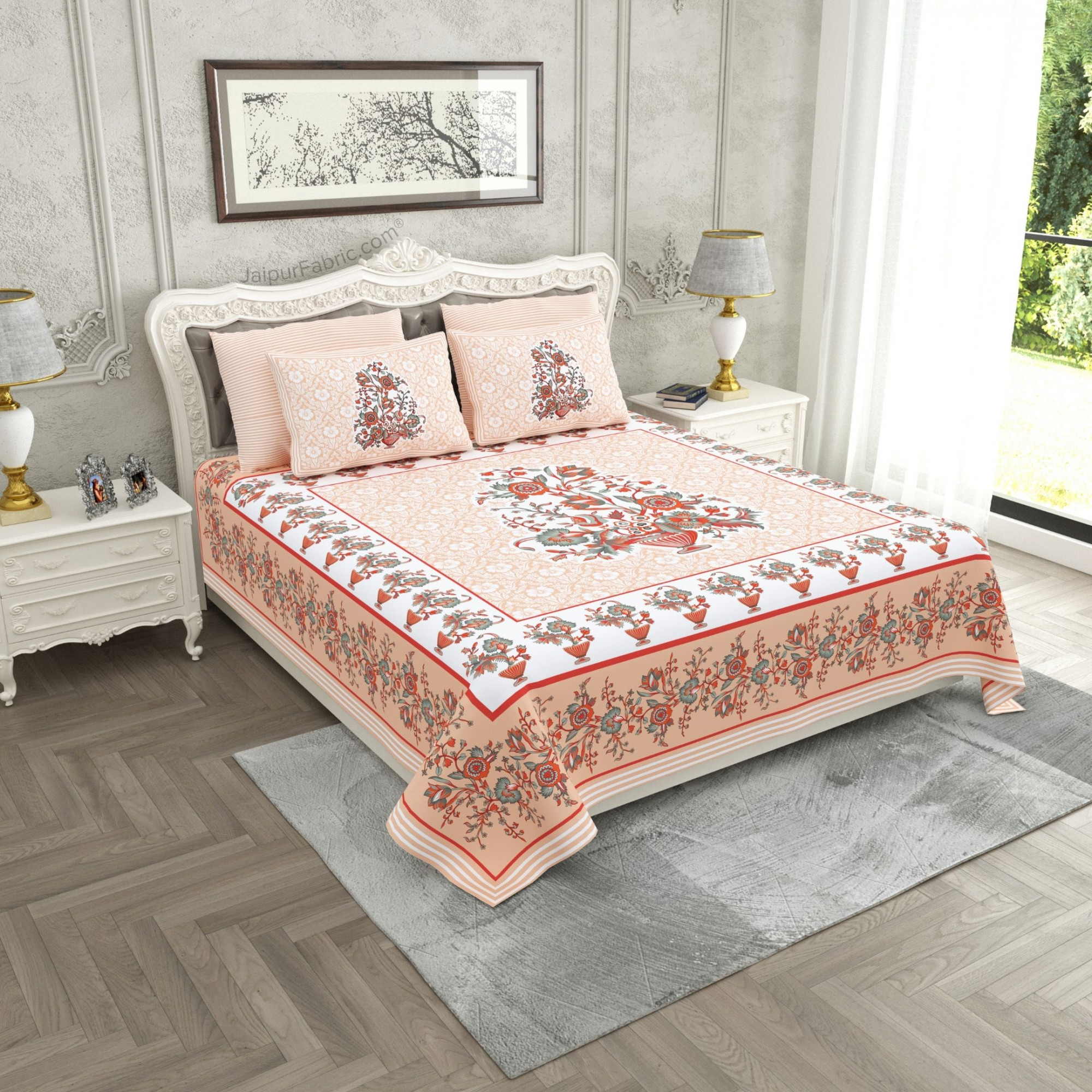 Jaipuri Gamla Soft Peach Cotton King Size Bedsheet