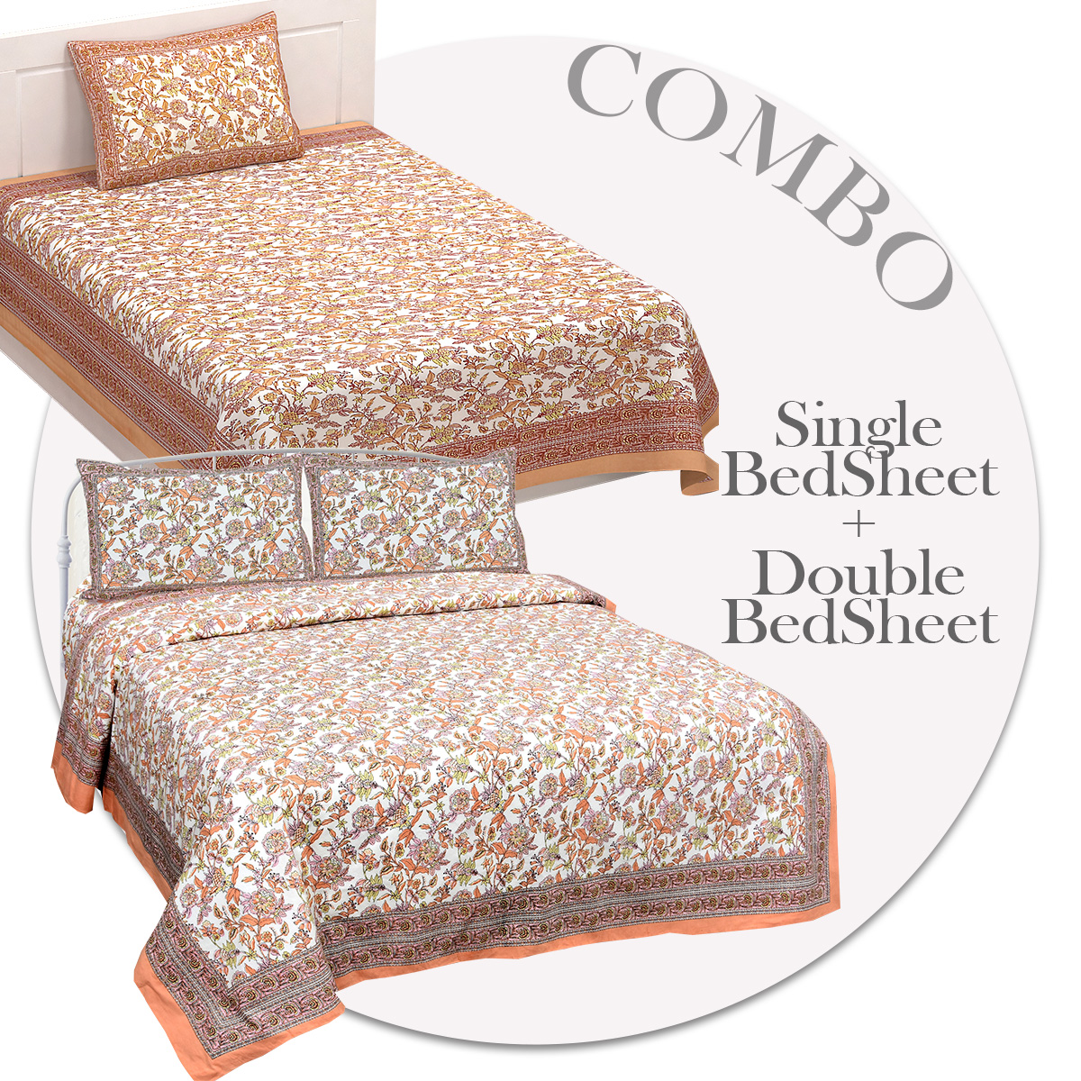 COMBO367 Beautiful Peach Ethnic Combo Set of 1 Single and 1 Double Bedsheet With 3 Pillow Cover