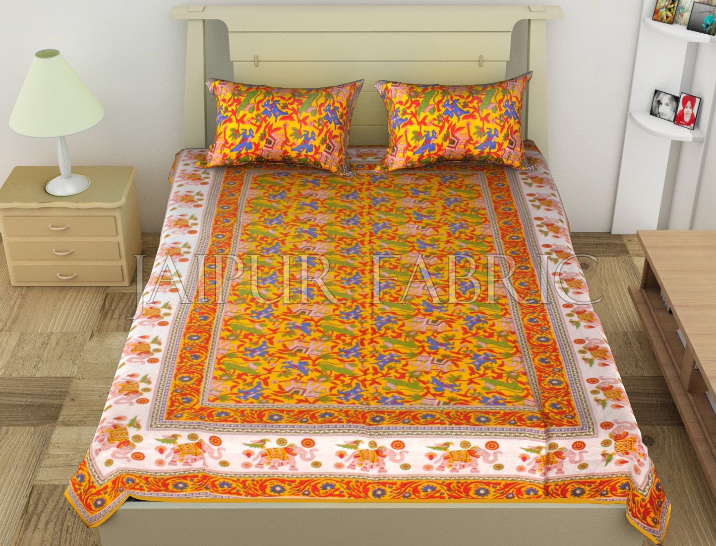 Yellow Elephant and Tropical Printed Rajasthani Cotton Single Bed Sheet