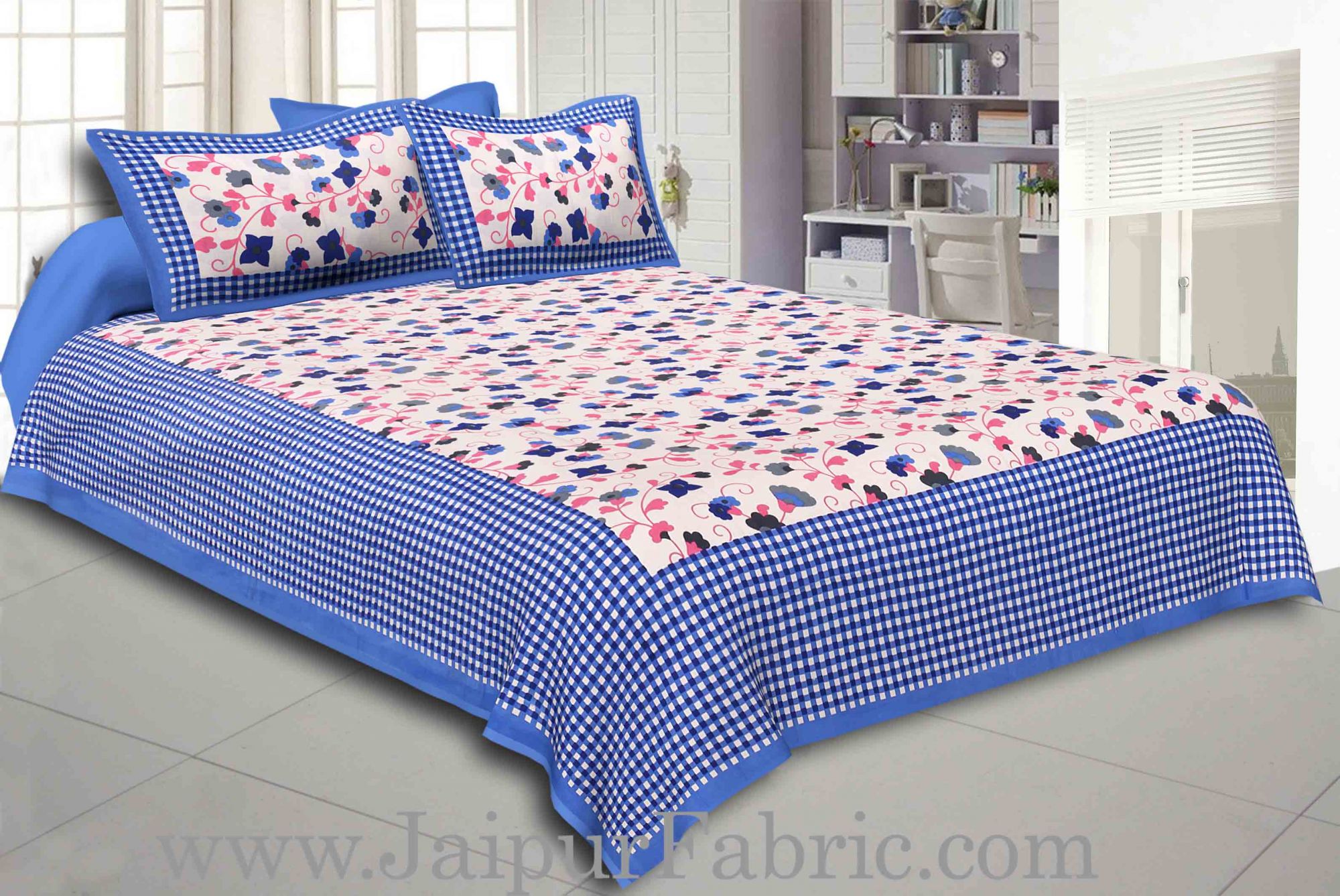 Navy Blue Border jaipuri design floral print Cotton Double Bedsheet with Pillow Cover