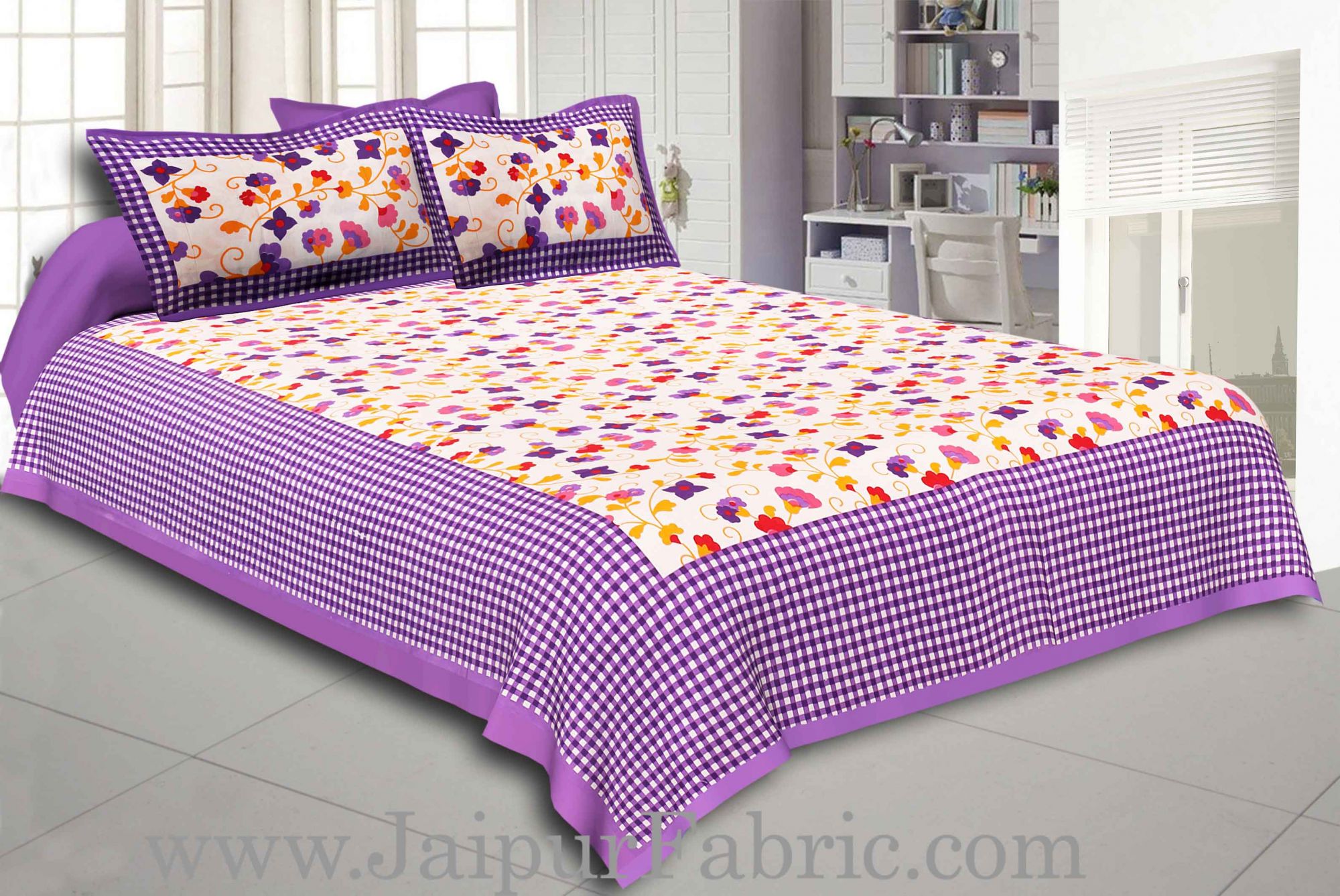 Purple Border jaipuri design floral print Cotton Double Bedsheet with Pillow Cover