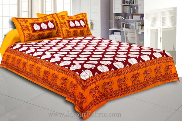 Yellow  Border With  Maroon  Paan Pattern Cotton Double Bed Sheet