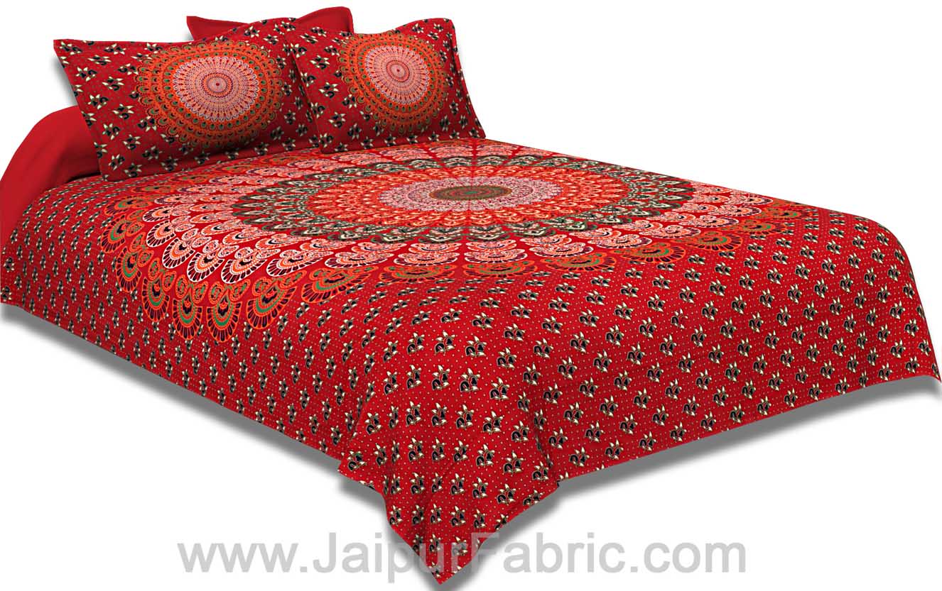 Pure Cotton Red Mandala Tapestry Floral Print King Size Double Bedsheet With 2 Pillow Covers