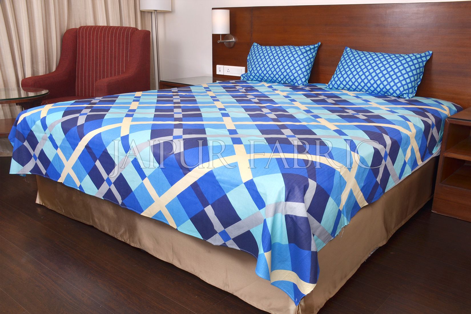 Bice Color Blue Square Print Double Bed Sheet