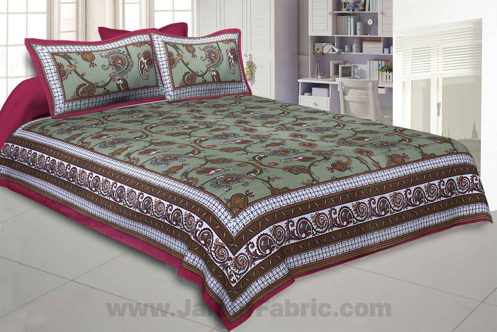 Traditional Dazzler Mehandi Green Double Bedsheet