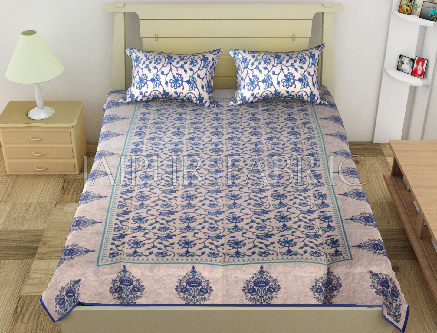 Blue Border Anthemion Pattern Cotton Single Bed Sheet