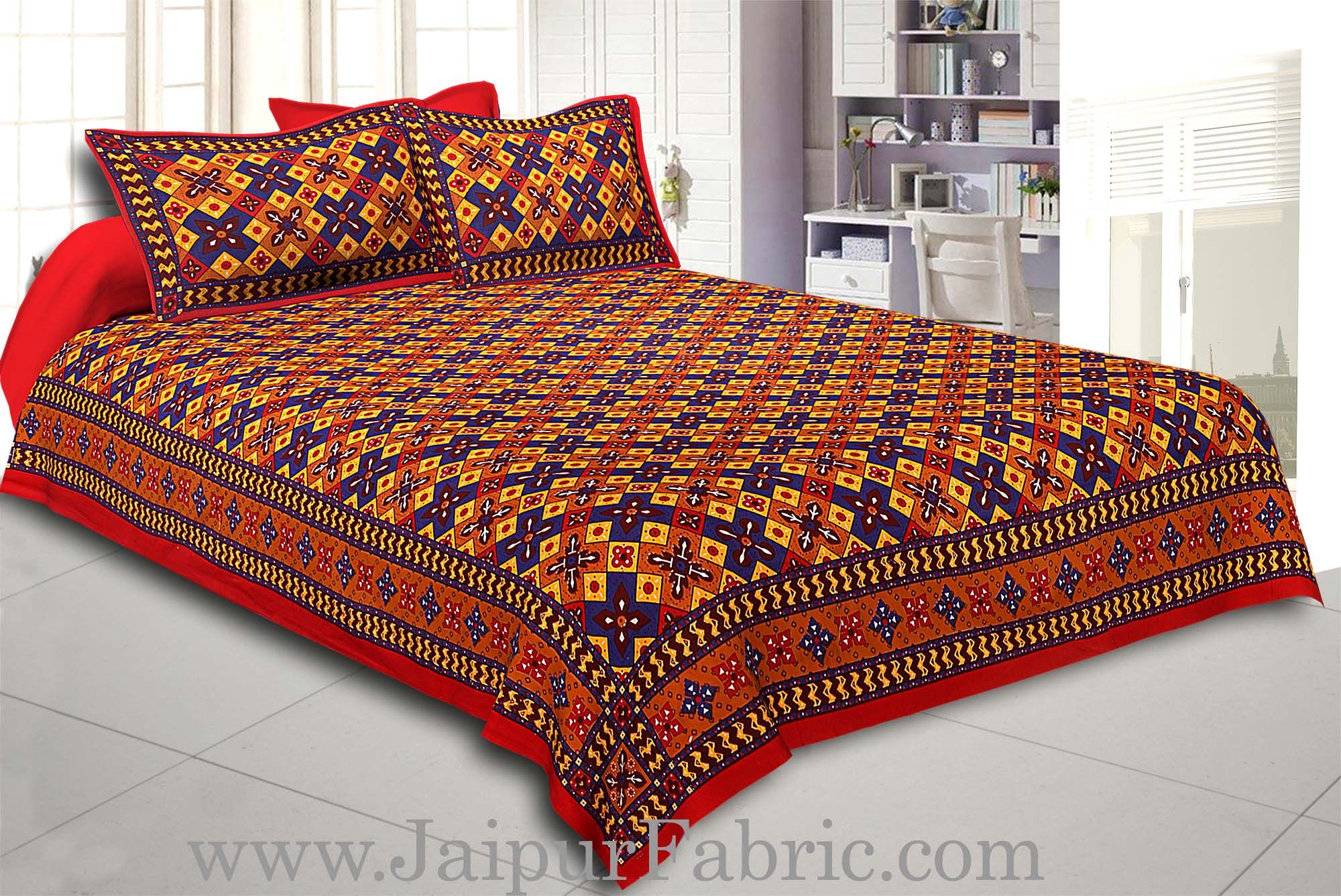 Orange Border Boota And Lehariya Lining Cotton Double Bed Sheet