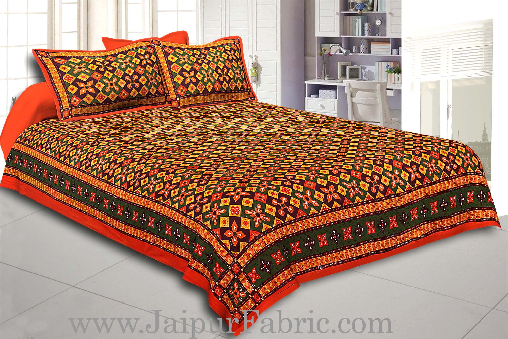 Orange Border Boota And Lehariya Lining Cotton Double Bed Sheet