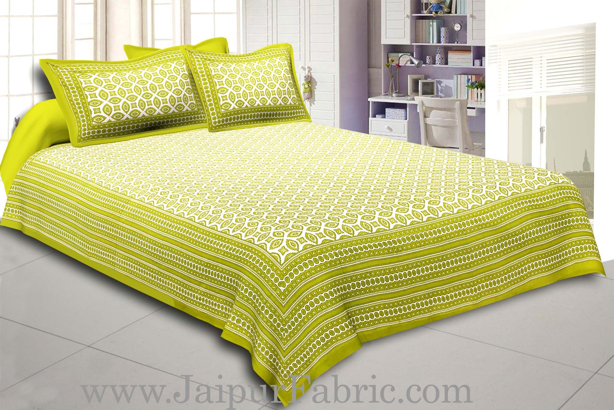 Green Border Cream Base Bagru Pattern Cotton Double Bed Sheet