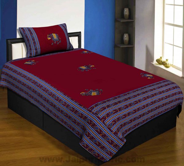 Applique Maroon Elephant Jaipuri  Hand Made Embroidery Patch Work Single Bedsheet