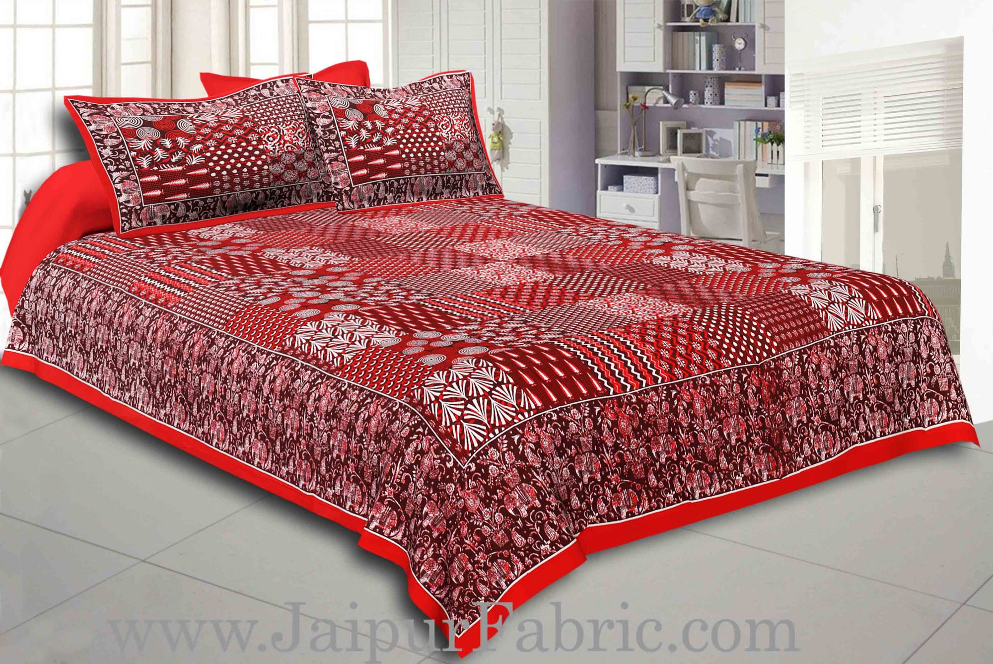 Maroon Border Dark Coffee Base Checks Design Cotton Double Bedsheet With Pillow Cover