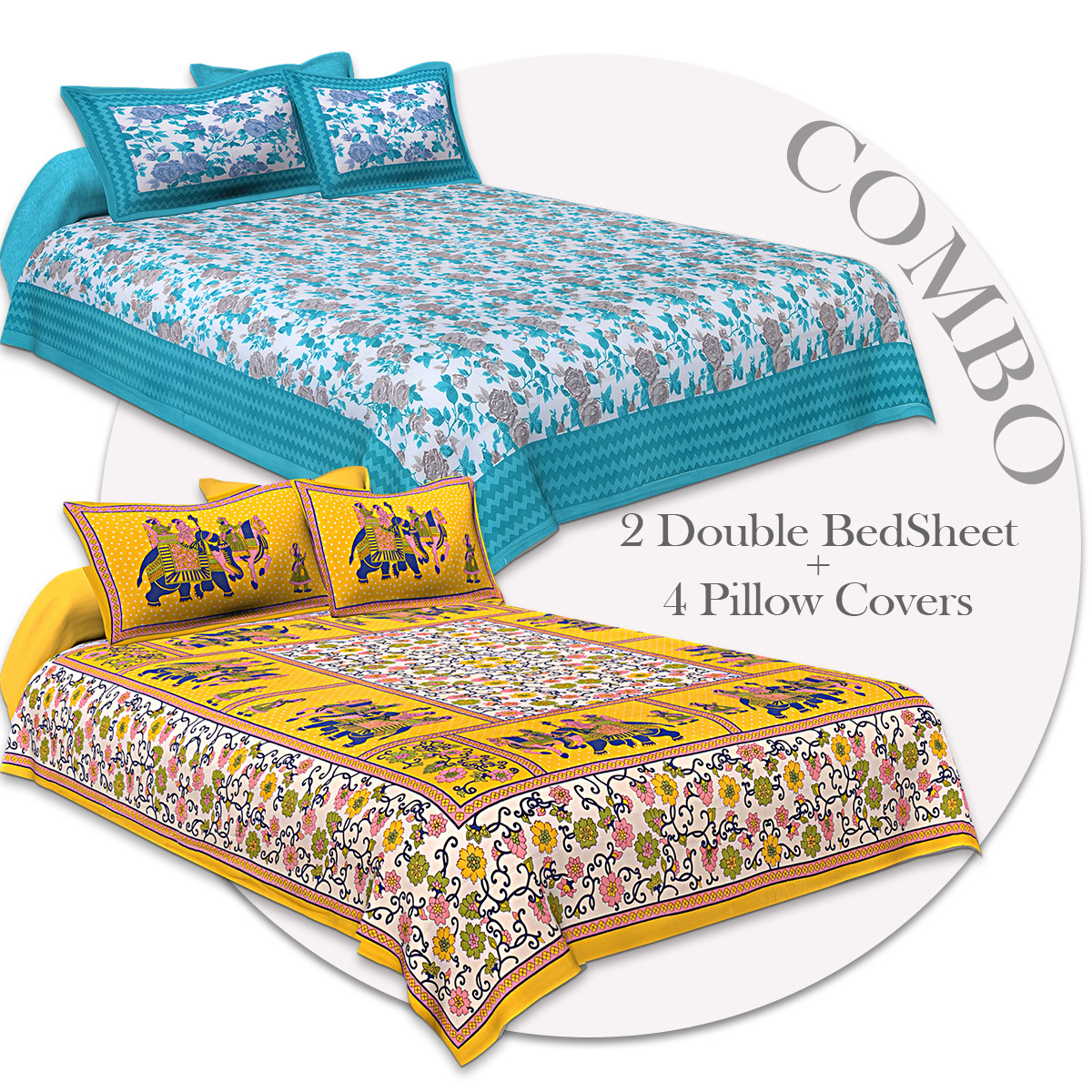 COMBO351 Beautiful Multicolor 2 Bedsheet + 4 Pillow Cover