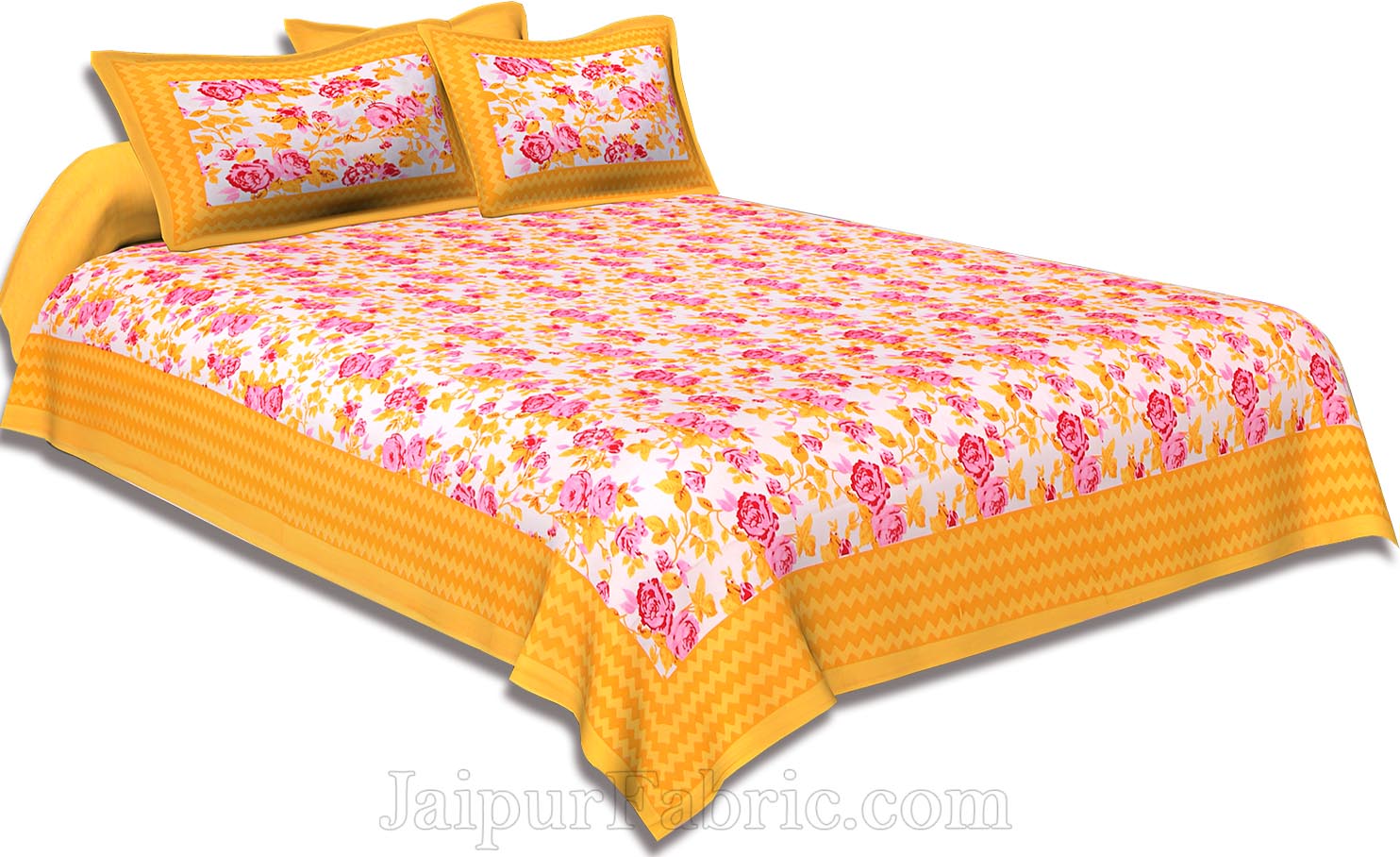 Yellow Wavy Border and Floral Print Cotton Double Bed Sheet