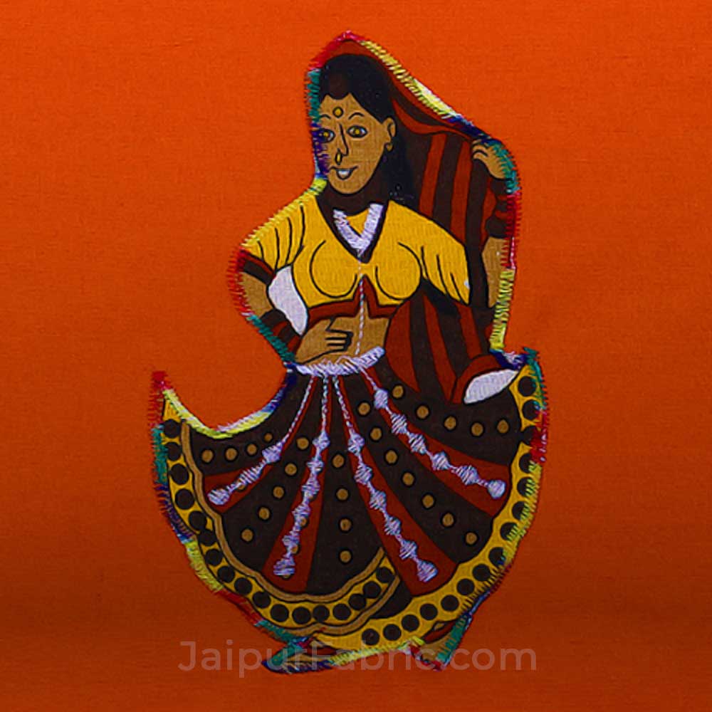 Applique Orange Rajasthani Dance Jaipuri  Hand Made Embroidery Patch Work Double Bedsheet