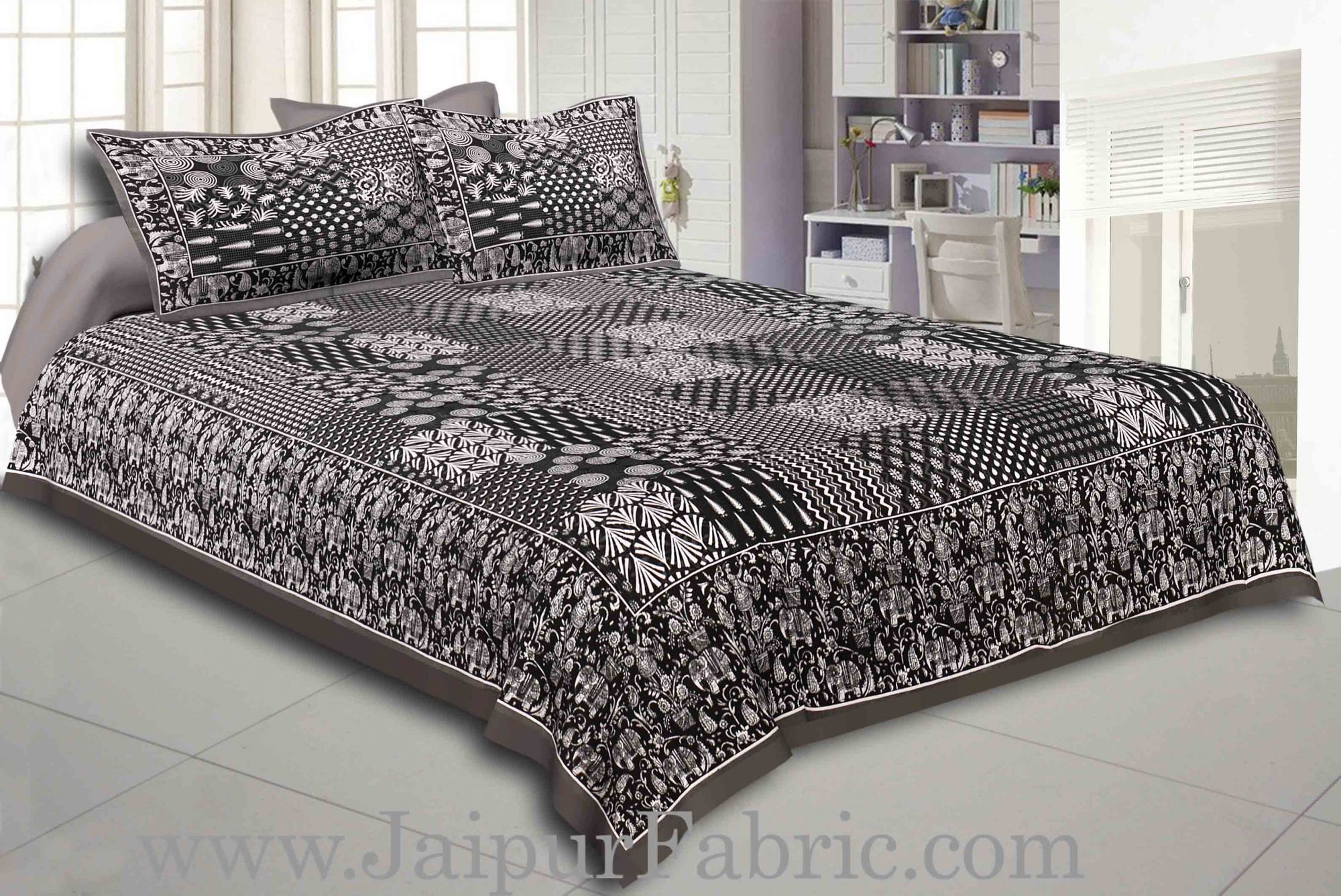 Grey Border Black Base Checks Design Cotton Double Bedsheet With Pillow Cover