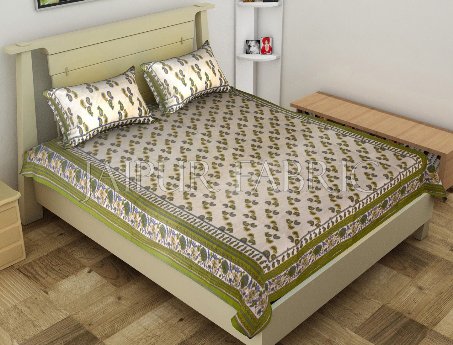 Green Anthemion Pattern Cotton Single Bed Sheet