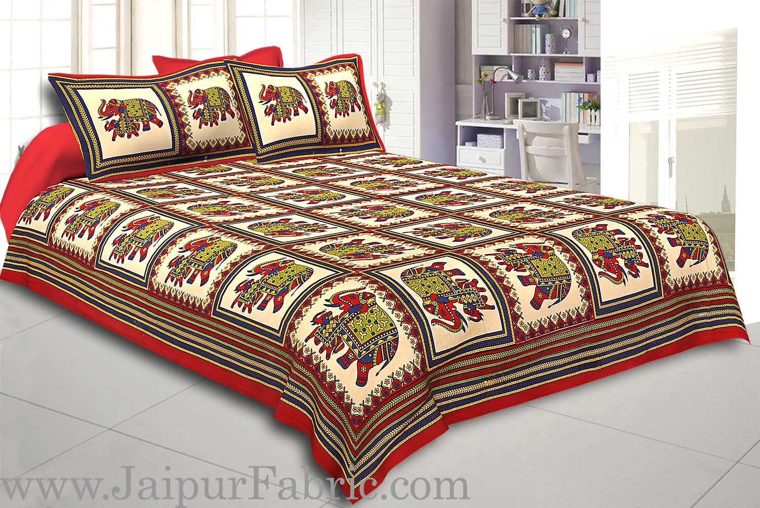 Red Border Big Elephant In Check Cotton Double Bed Sheet