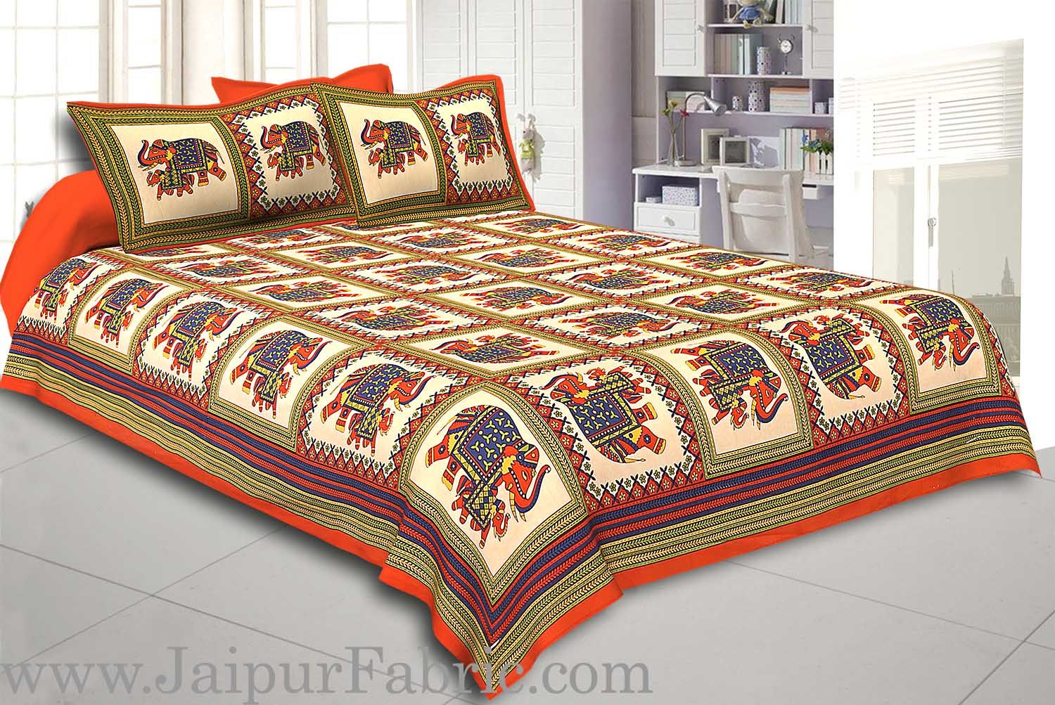 Orange Border Big Elephant In Check Cotton Double Bed Sheet