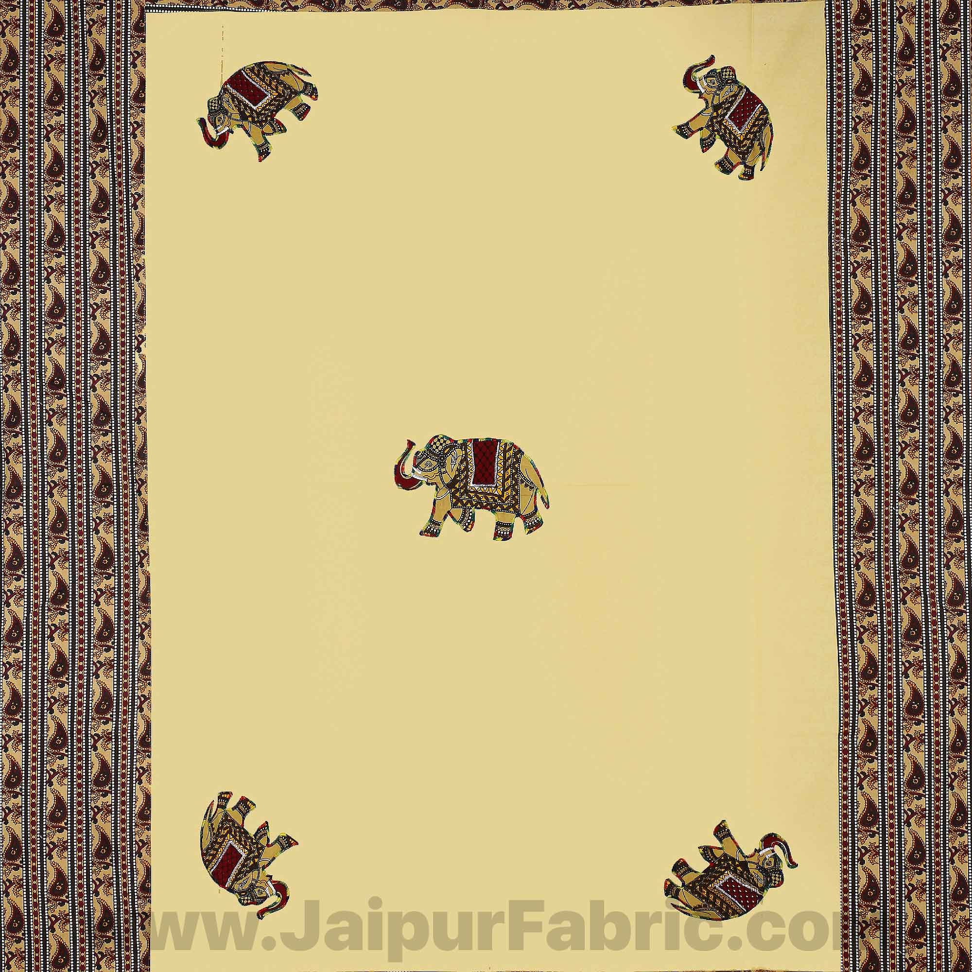 Applique Cream Elephant Jaipuri  Hand Made Embroidery Patch Work Single Bedsheet