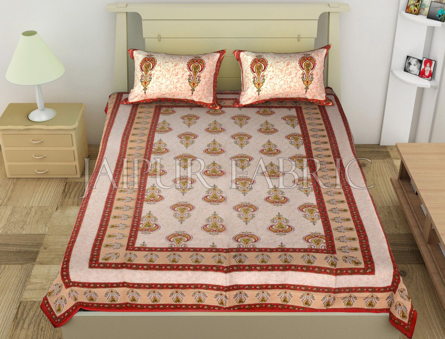 Red Jaipuri Keri Printed Cotton Single Bed Sheet