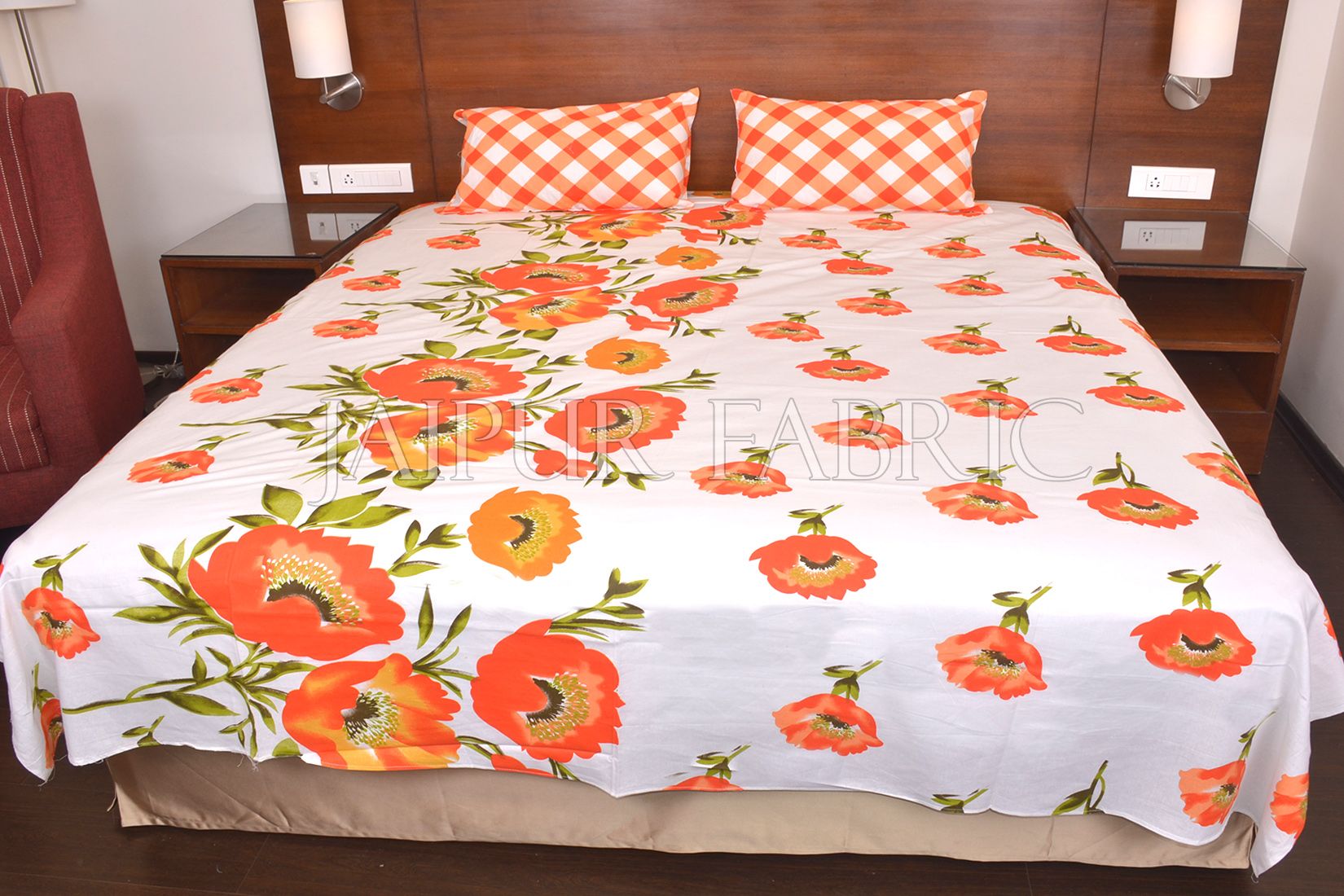 Orange Checkered Plaid Pattern Double Bed Sheet