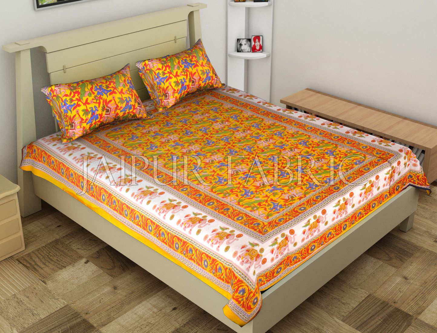 Yellow Elephant and Tropical Printed Rajasthani Cotton Single Bed Sheet