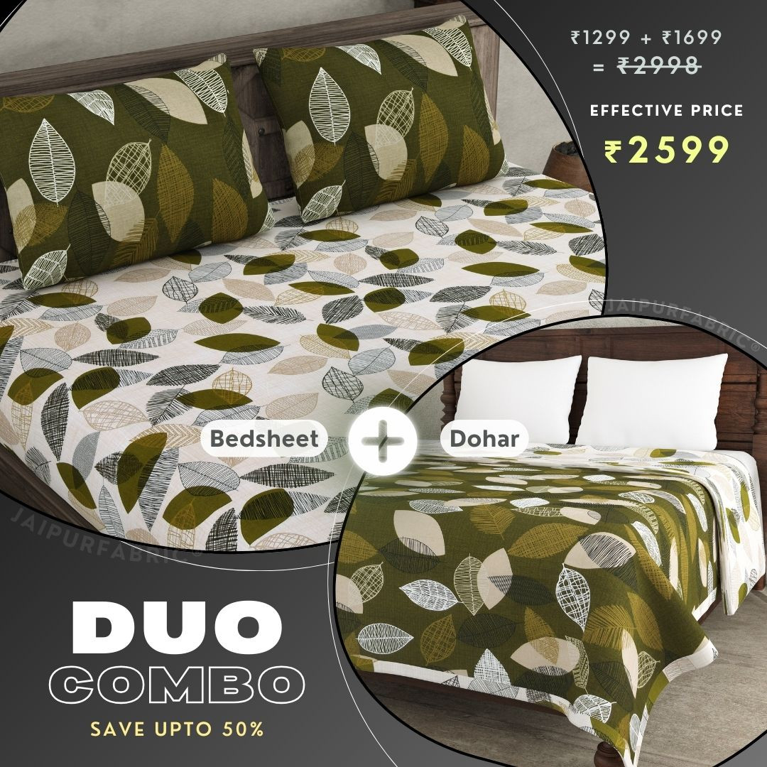 Autumn Fall Green and Off White Dohar and Bedsheet Combo