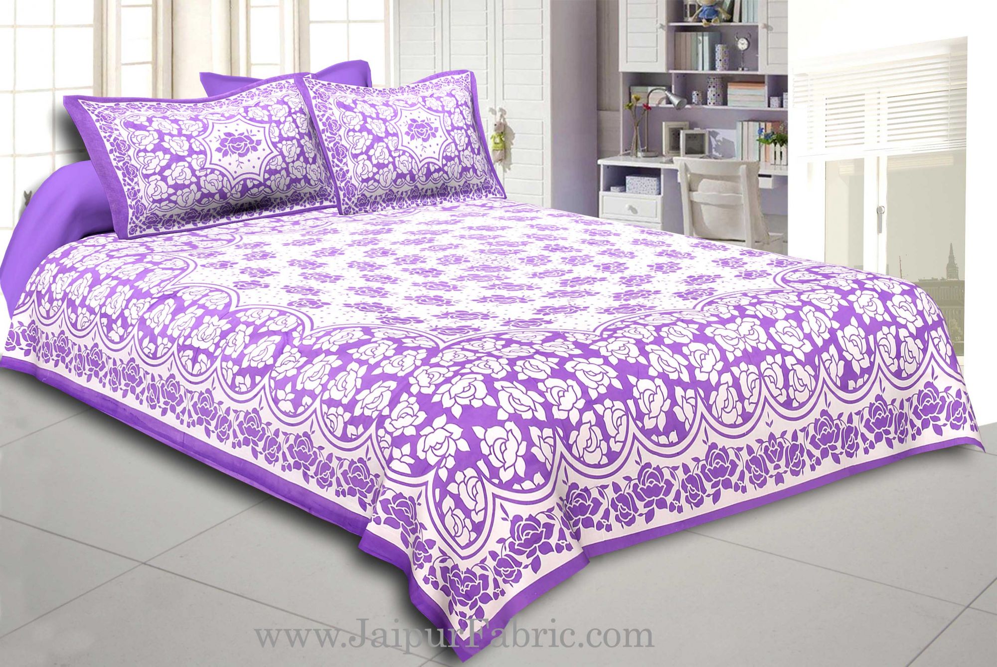 Purple Border Purple Base White Lotus Print Cotton Double Bed Sheet