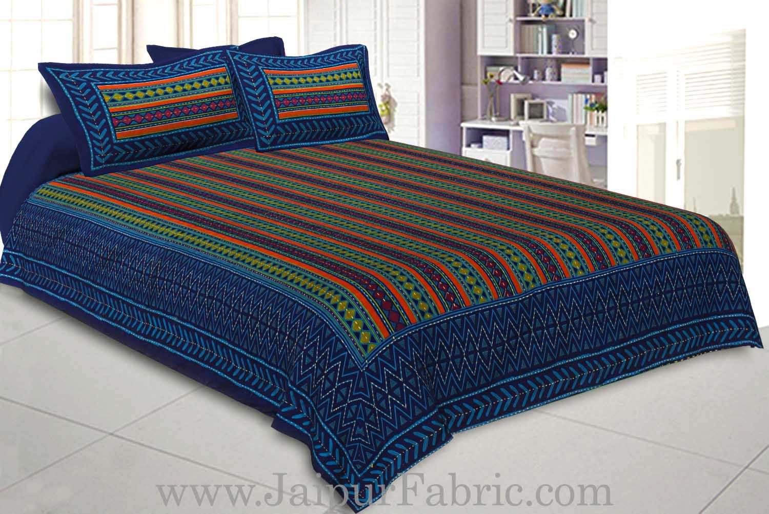 Katha Work Double Bedsheet Blue Border Ziz-Jaz Print