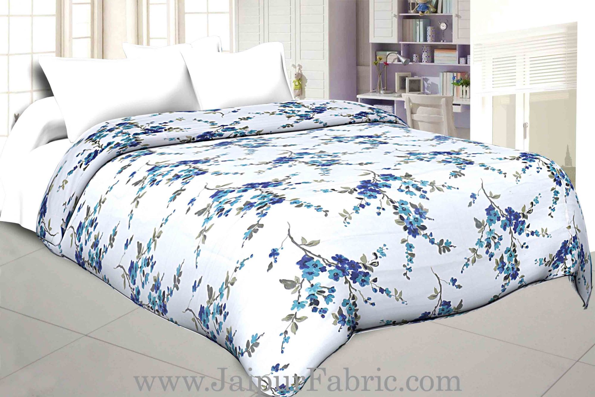 Muslin Cotton Double bed Reversible mulmul Dohar in blue motif floral print