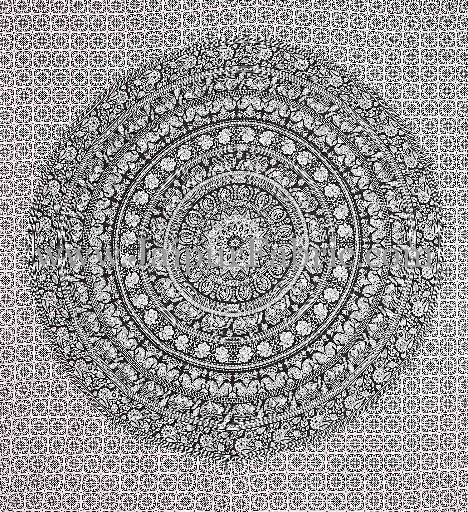 Black and White Tapestry with concentric circle mandala design wall hanging and beach throw 95x85