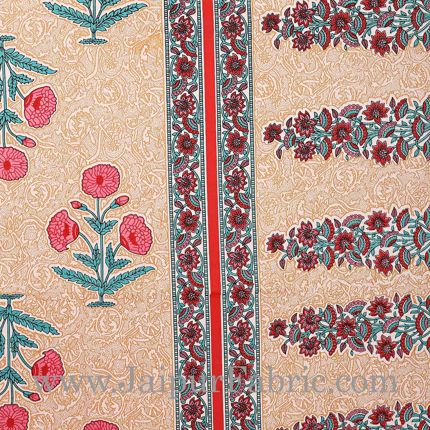 Red Border Long Gamla cream base pink flower cotton double bedsheet