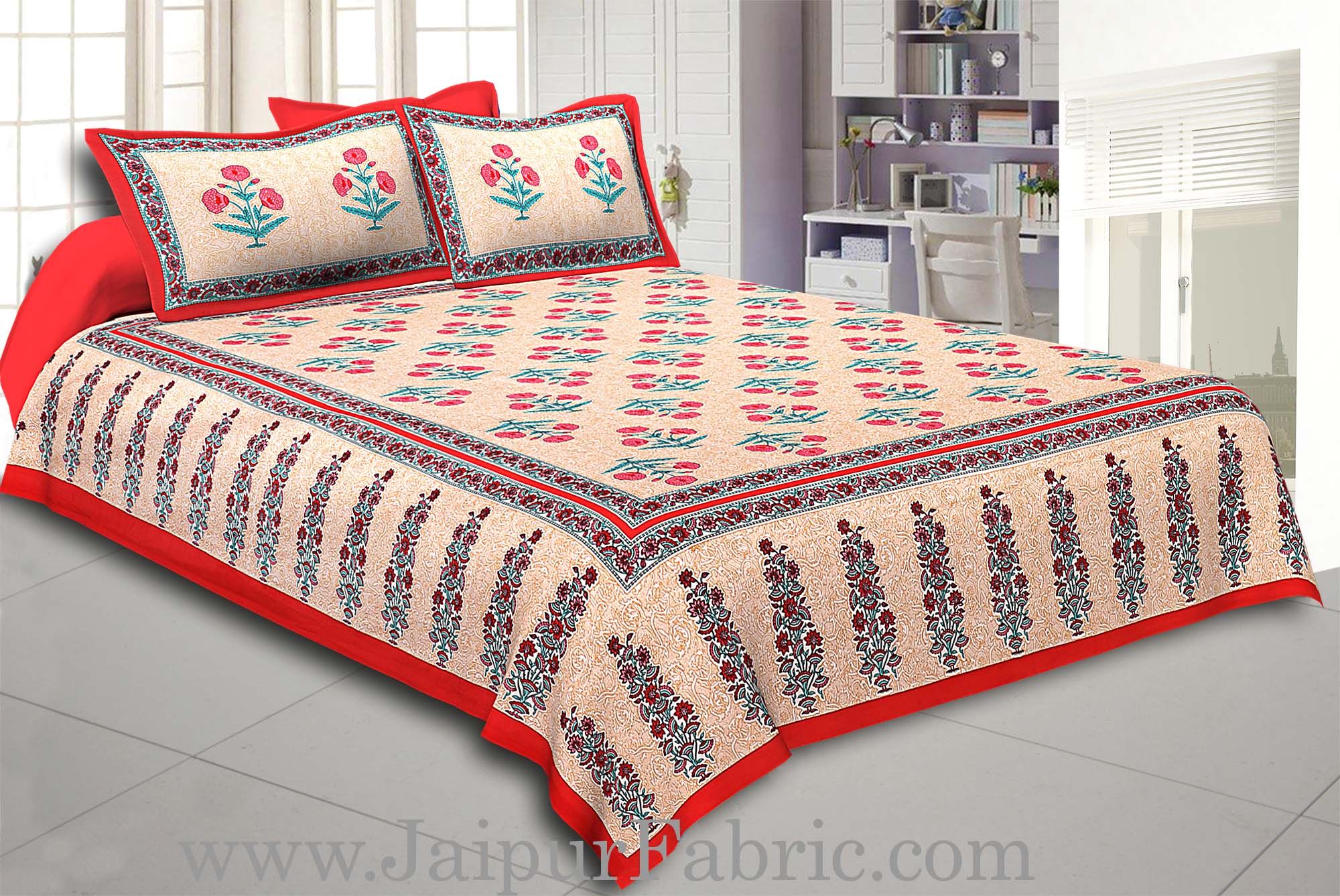 Red Border Long Gamla cream base pink flower cotton double bedsheet