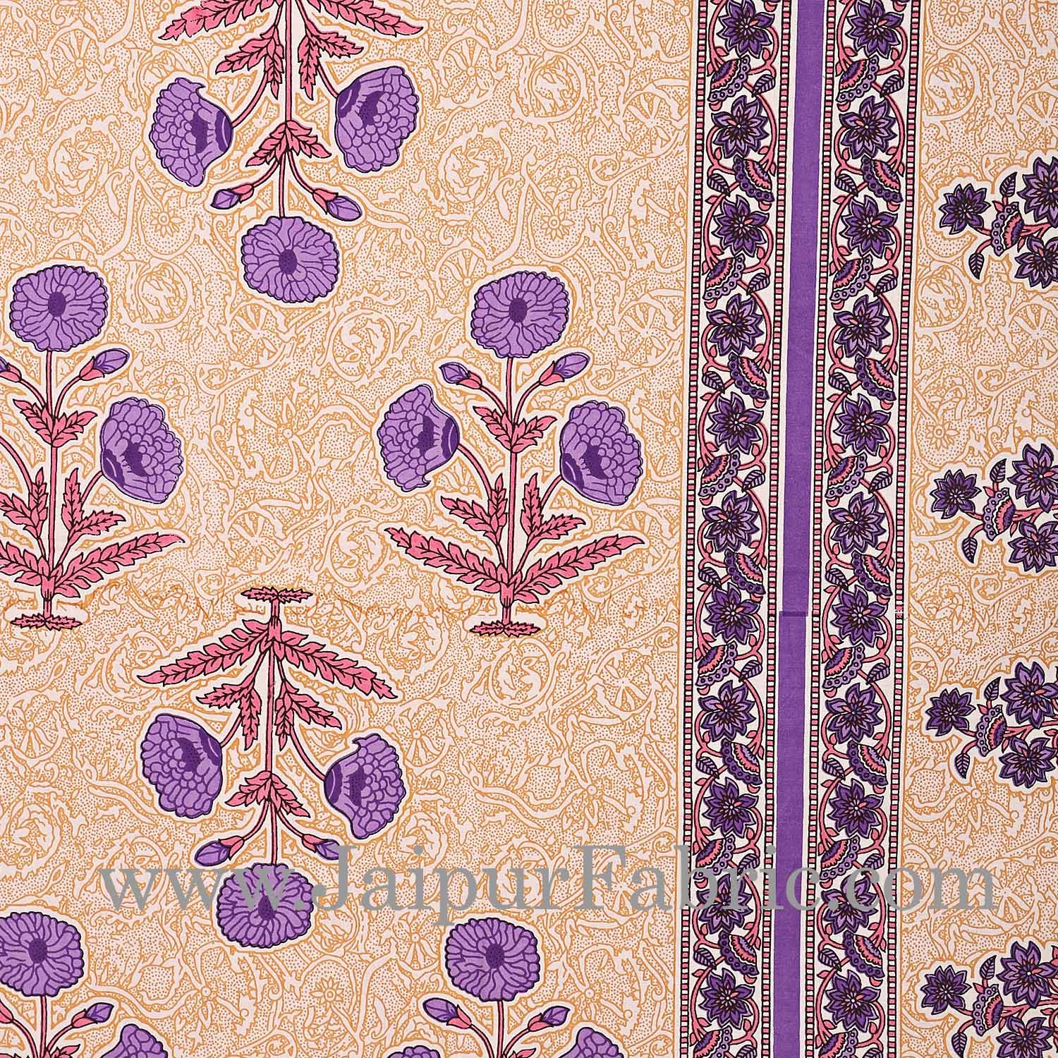 Purple Border Long Gamla cream base purple flower cotton double bedsheet