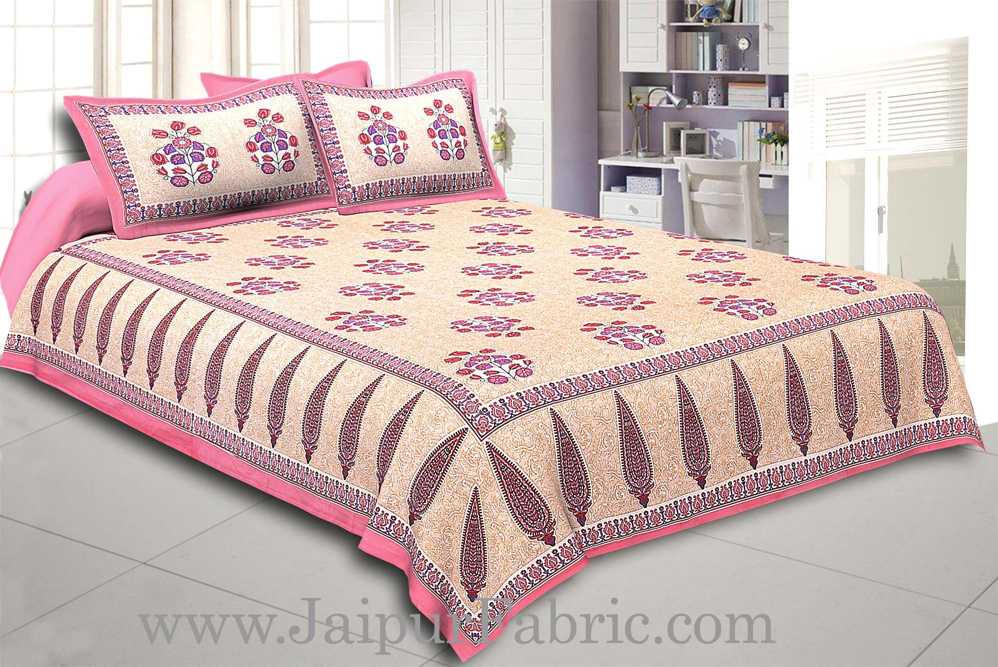 Pink Border long leaf cream base with pink flower bunch pattern cotton double bedsheet