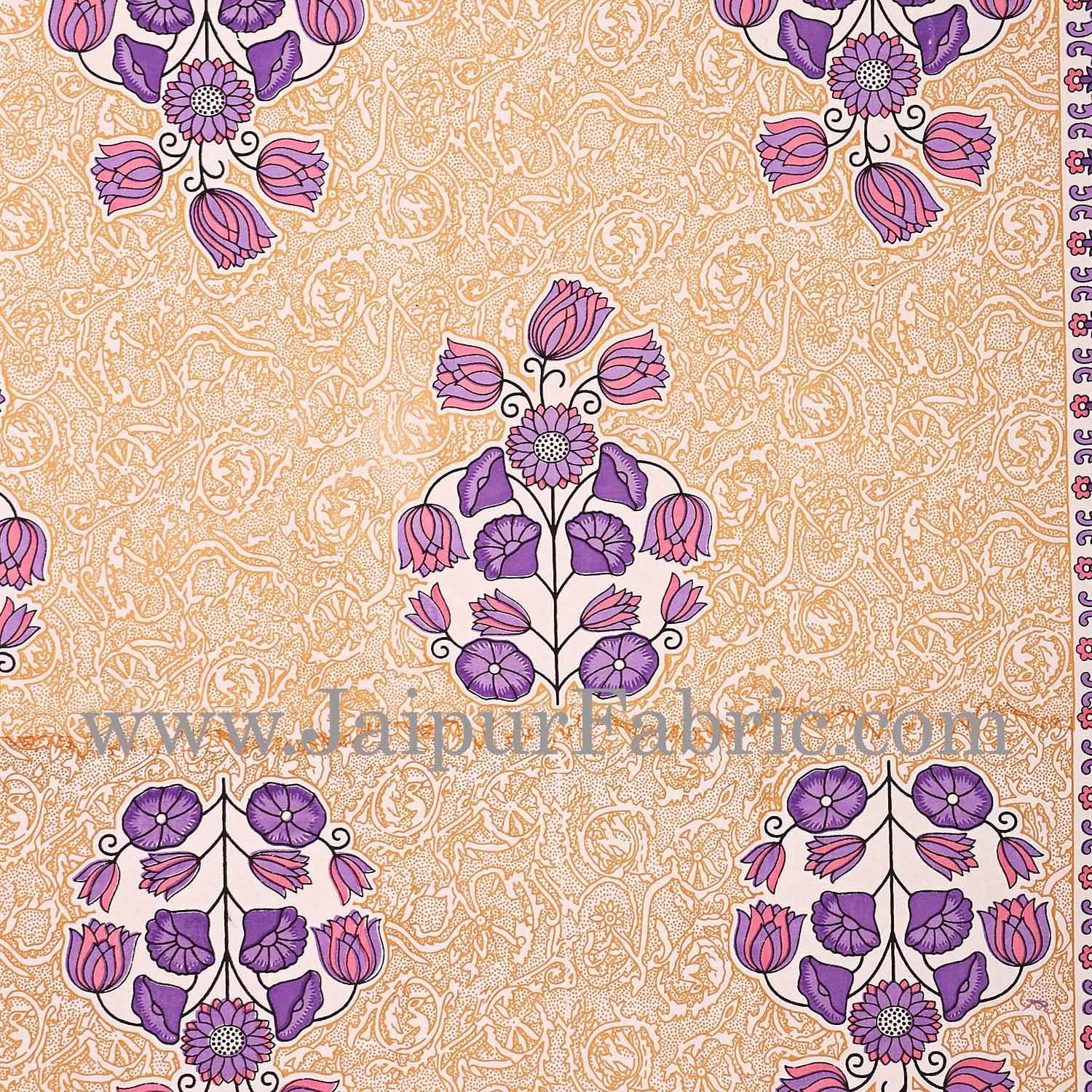 Purple Border long leaf cream base with purple flower bunch pattern cotton double bedsheet