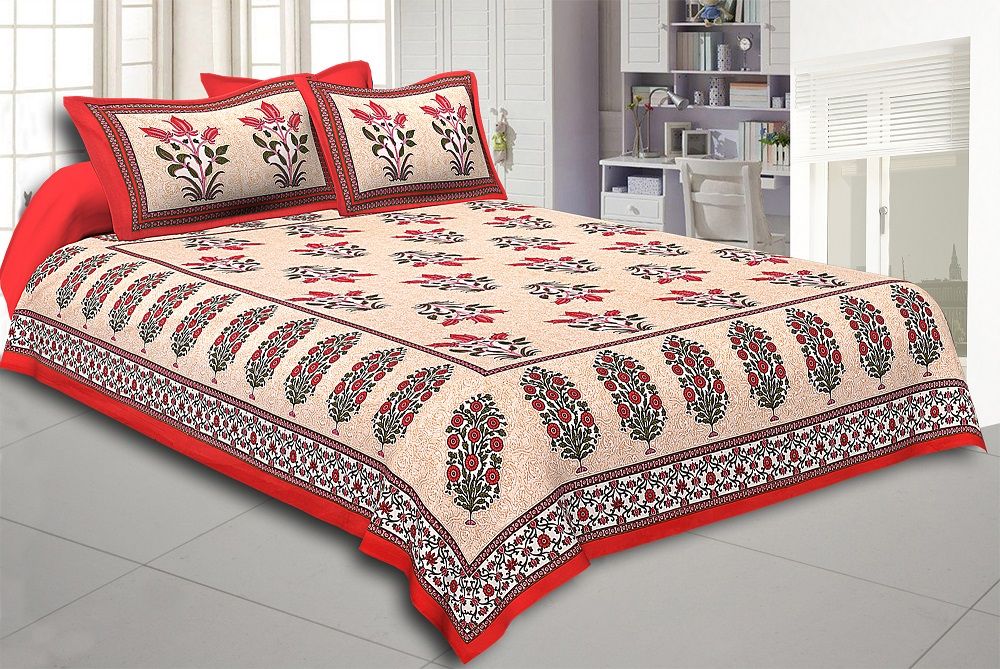 Red Border with Bail and Gamla cream base bud and leaf print cotton double bedsheet