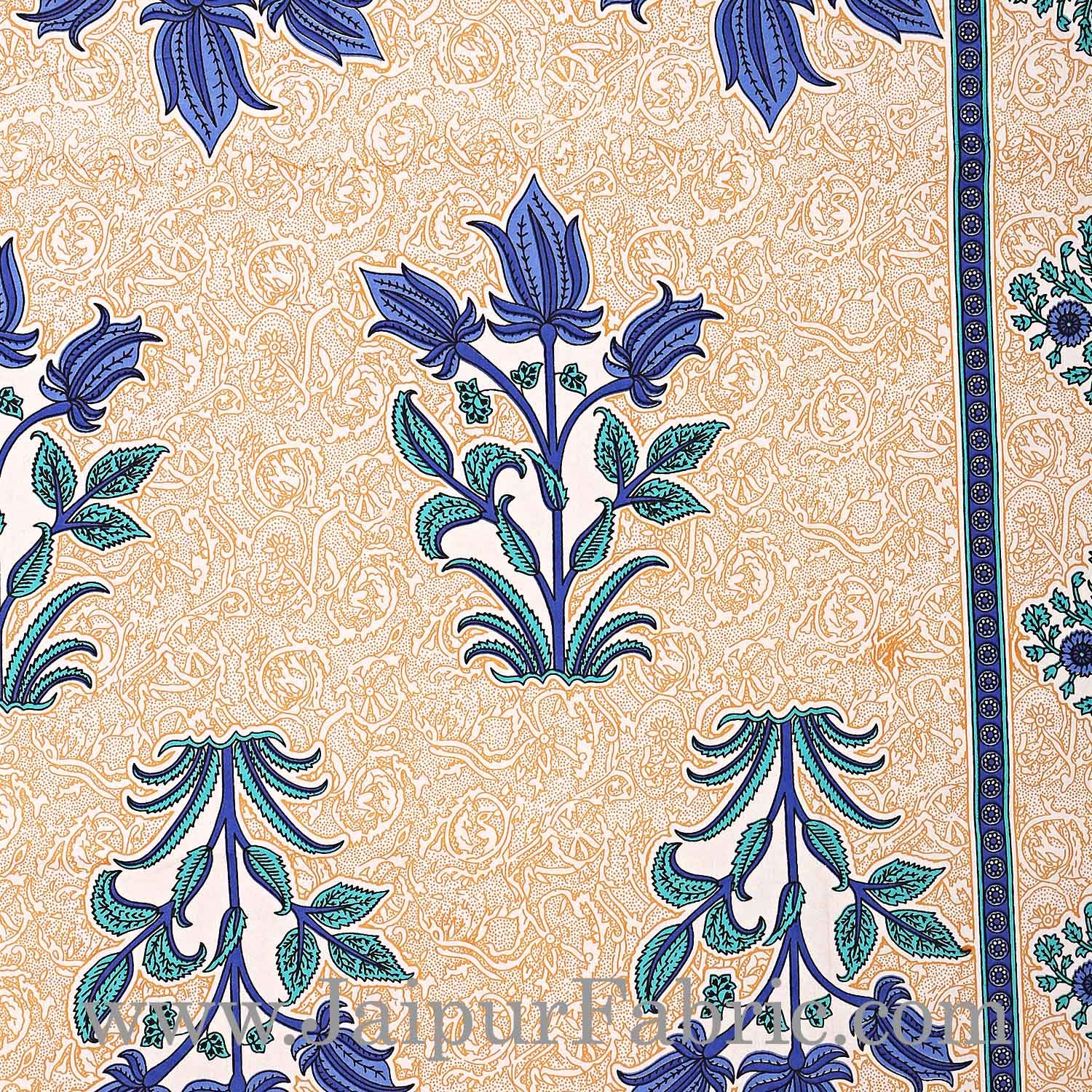 Blue Border with Bail and Gamla cream base bud and leaf print cotton double bedsheet