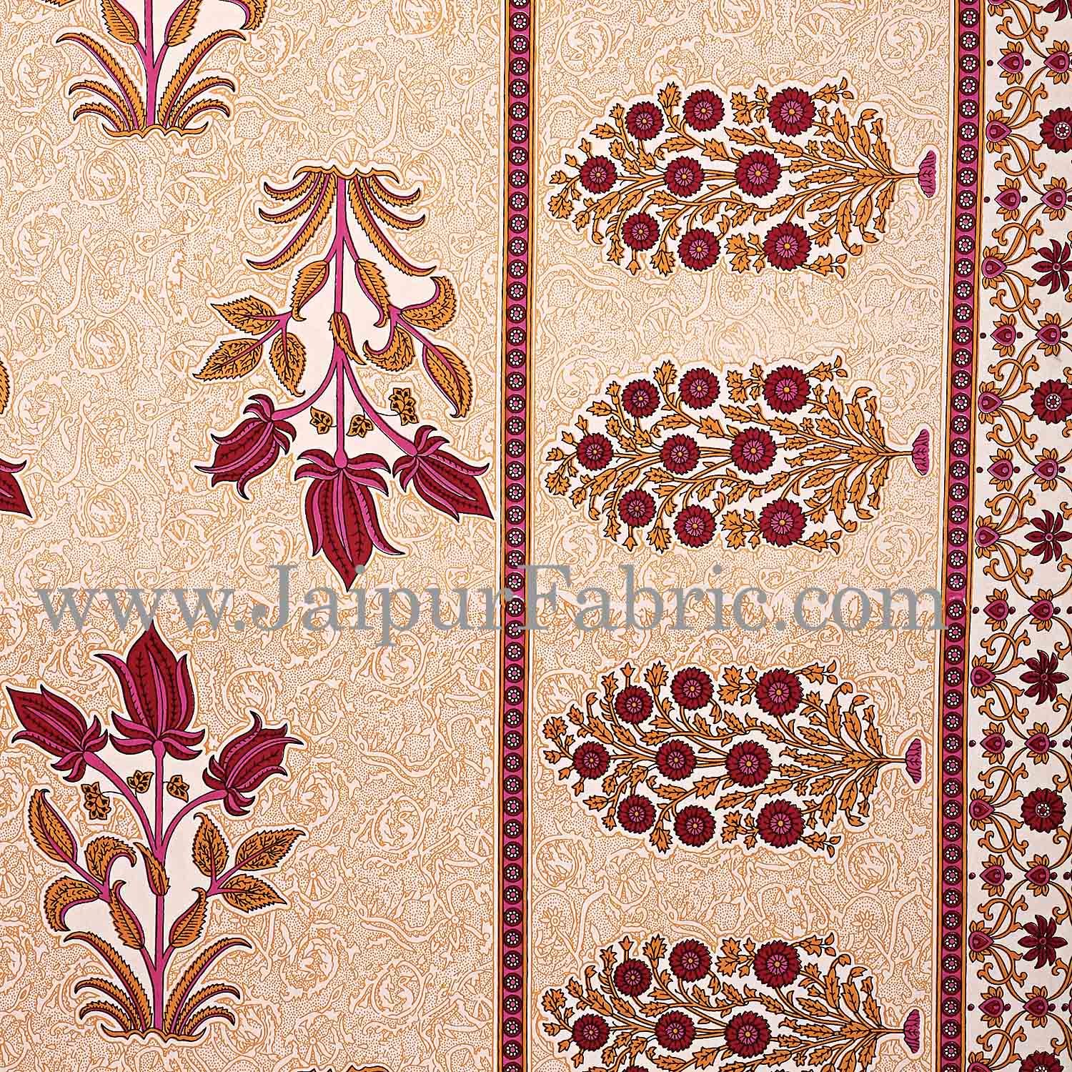 Maroon Border with Bail and Gamla cream base bud and leaf print cotton double bedsheet