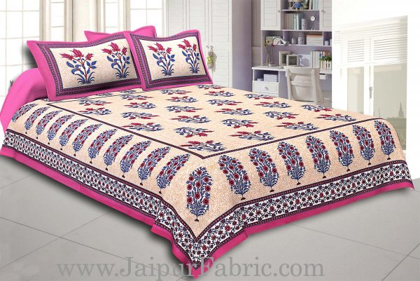 Dark Pink Border with Bail and Gamla cream base bud and leaf print cotton double bedsheet