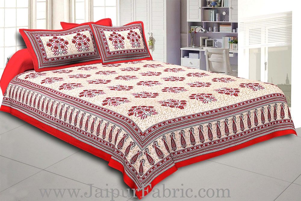 Red Border with long paan print cotton double bedsheet